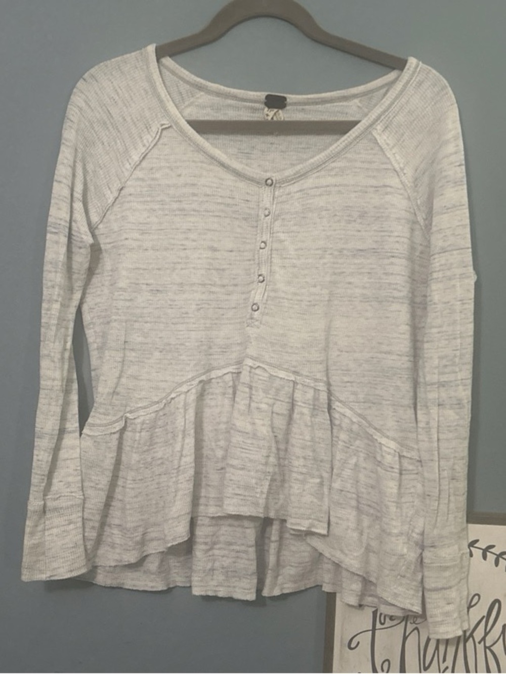 Free People Heathered Light Blue/Gray Long Sleeve Henley Ruffle Peplum Top